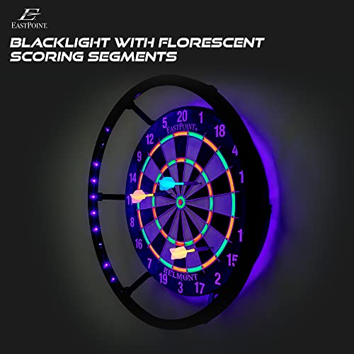 EastPoint Blacklight Dart Board - 18" Bristle Sisal 6 Steel Tip Darts - Glow Ring & Flights for Man Cave Accessories - Staple-Free Bullseye for Bar Games - Self-Healing Sisal - Indoor Games for Adults