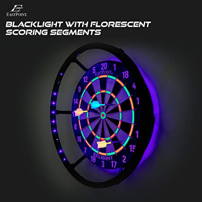EastPoint Blacklight Dart Board - 18" Bristle Sisal 6 Steel Tip Darts - Glow Ring & Flights for Man Cave Accessories - Staple-Free Bullseye for Bar Games - Self-Healing Sisal - Indoor Games for Adults