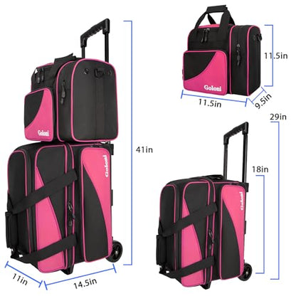 Goloni 3 Ball Bowling Bag with Wheels, 2+1 Double Roller Bowling Bag with Shoe Compartment,Tote Bag for Bowling Accessories - color: 3 Ball-Pink