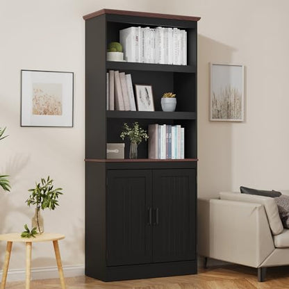 MHOM 71" Tall Bookshelf with Doors, 5 Tiers Farmhouse Bookcase with Adjustable Shelves, Wooden Rustic Display Cabinet for Home Office, Living Room, Black