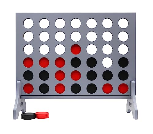Giant 4 in a Row Game for Family & Adults – Tailgating Pros Jumbo Grey Wooden Four in a Row Indoor & Outdoor Yard Game for Family Party Fun, Portable Activities for Patio, Backyard, and Camping - color: Red / Black