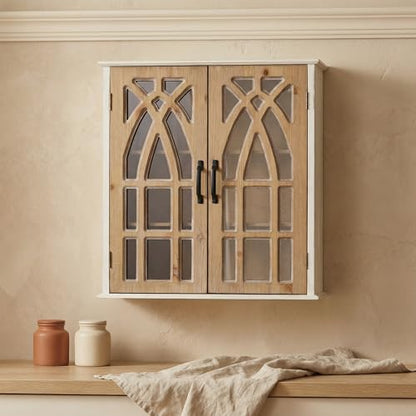 LKTART Solid Wood Wall Mounted Cabinet,Hanging Kitchen Storage Cabinet | Farmhouse Wall Mounted Wood Storage Cabinet; Solid Wood Construction;Glass Door;Adjustable Shelves;Kitchen;Bathroom;Dining - color: Natural+ Antique White