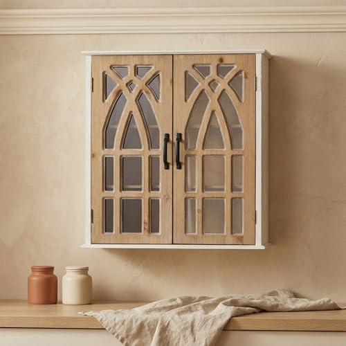 LKTART Solid Wood Wall Mounted Cabinet,Hanging Kitchen Storage Cabinet | Farmhouse Wall Mounted Wood Storage Cabinet; Solid Wood Construction;Glass Door;Adjustable Shelves;Kitchen;Bathroom;Dining - color: Natural+ Antique White