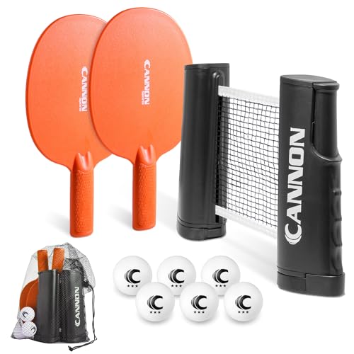 Cannon Sports Table Tennis Set – 2 Unbreakable Paddles, 6 3-Star Balls, Retractable Net & Carry Bag – Clamp-On Portable Ping Pong Net Fits Tables up to 2 Inch Thick, Extends to 6 Feet - color: Orange