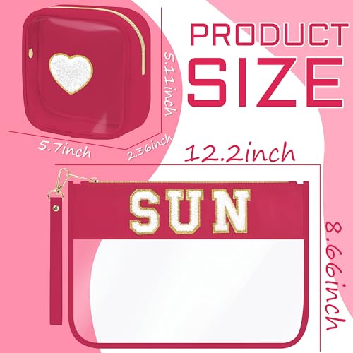 BuyCard Preppy Patch Sun Cosmetic Bag Summer Sunscreen Toiletry Bag Portable PVC & Nylon Waterproof Makeup Bag Daily Use Storage Purse Travel Swimming Beach Bag for Women Girls - color: Pink