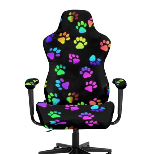 Colorful Paw Print Gaming Chair Cover with Armrest Covers Cat Proof Soft Stretchable Gaming Chair Slipcover Non Slip Washable Computer Chairs Seat Slipcovers Fits Most Office/PC Chairs 4 PCS - color: Colorful Paw Print