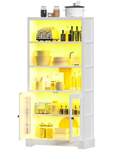 TVU 5-Tier Bookshelf, 65" Bookshelf with Multi-Color Ambient Lights (APP Remote Control), Tall Vertical Display Shelf with Cabinet Doors, Suitable for Living Room, Bedroom, Study, Office, White - color: White