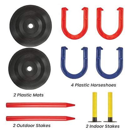 Indoor Outdoor Rubber Horseshoes Set: 4 Horseshoes, 2 Pegs, 2 Rubber Mats, 2 Red Plastic dowels & 1 Mesh Bag | Perfect for Tailgate, Beach, Parks, Picnics, Backyard, Fun for Kids Adults