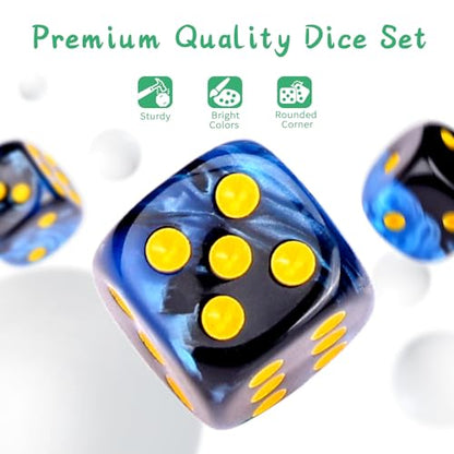 36 of Pack 12MM 6 Sided MINI Dice Set,Two Colours D6 Game Dice Set, 6 Sided Standard Dices for Yahtzee, Bunco or Teaching Math,with Portable Plastic Box(Blue Black) - color: Blue Black Swirl