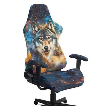 Suobstales Galaxy Wolf Pattern Gaming Chair Covers Waterproof Cat Scratch Proof Stretch Game Chair Cover with Armrest Anti-Scratch Protection for Ergonomic Gaming Rotating Desk Chair - color: Galaxy Wolf