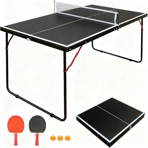 4.5FT/6FT/9FT Ping Pong Table Foldable, MDF Multi-Use Portable Table Tennis Table with Net, Paddles & Balls for Kids Teens Adults Indoor/Outdoor Game - Quick Assembly - color: Black-54" x 30", size: 4.5FT-54" x 30"