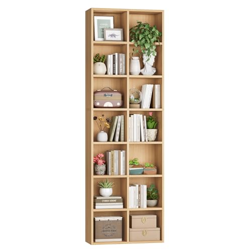 FOTOSOK 71'' Tall Bookshelf with 14 Cubes, 7 Tier Double Wide Wood Bookshelf with 6 Adjustable Shelves, 19.6" Narrow Bookcase DVD/CD Media Storage, Space Saving Display Shelf Cabinet, Natural - color: Natural