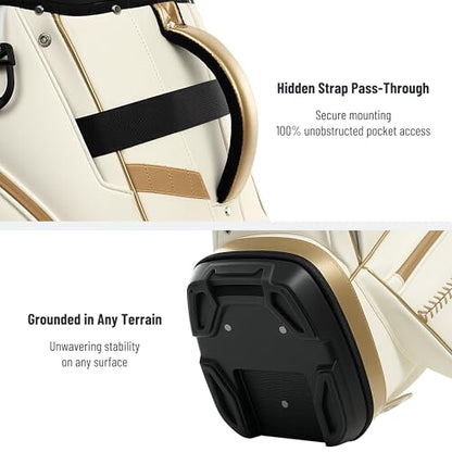uniHimal Golf Cart Bag with 14-Way Full-Length Dividers, Premium PU Leather Golf Bag for Men Women with Plush Top, Magnetic Pocket and Rain Cover, Lightweight Golf Club Bag Includes Cooler Pockets - color: Beige Gold
