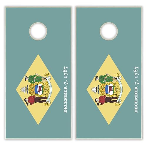 State Flag Solid Wood Regulation Cornhole Set 4 Feet x 2 Feet Includes Set of 8 Bags and Carrying Case with Optional LED Lights and Lamination - style: Delaware