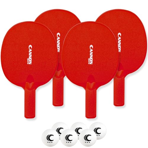 Cannon Sports Unbreakable Table Tennis Paddle Set - 4 Rackets with 6 Pack of 3-Star Table Tennis Balls – Portable Set for 4 Players - color: 4 Red Paddles + 6 White Balls