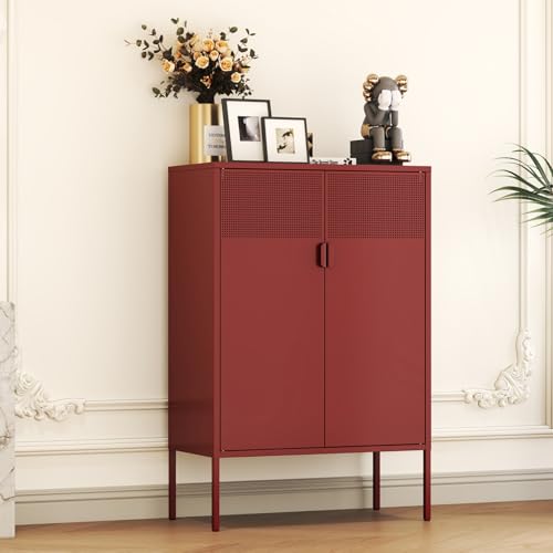 Metal Storage Locker Cabinet with 2 Doors & Adjustable Shelves, 47" Red Accent Furniture, Multipurpose Office Dresser or TV Stand for Home Entryway - color: Red, size: 47H