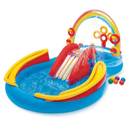 Intex 57453EP 9.75 Foot x 6.3 Foot x 53 Inch Multicolor Rainbow Slide Kids Inflatable Pool with Water Slide and Ring Toss for Children Ages 2 and Up - color: Multicolor, size: 117" x 76" x 53"