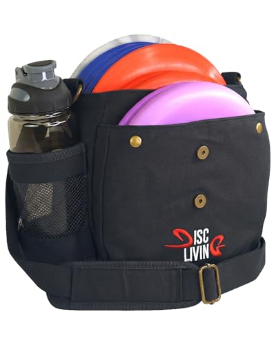 Disc Golf Bag | Frisbee Golf Bag | Easy to Carry | Lightweight Fits Up to 10 Discs | 16 oz Waxed Canvas Sturdy Design | Belt Loop | Double Button Design | Bottle Holder - style: Waxed Canvas - Black