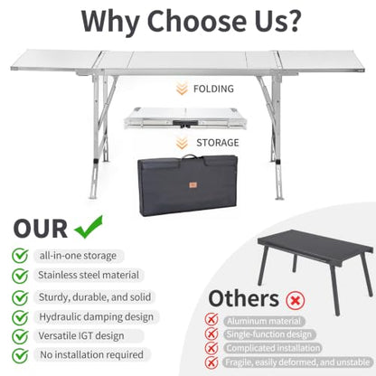 Folding Table IGT Camping Table, Portable Outdoor IGT Cook System, Stainless Steel Camp Table with Carry Bag for Car Camping Picnic RV Trip Patio Backyard BBQ