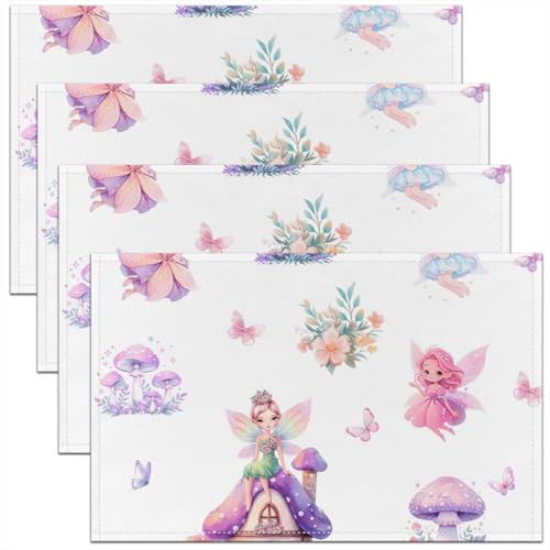 Erosebridal Mushroom Placemats 12X18 Inch Set of 4 for Kids Child Girls,Lovely Cute Butterfly Floral Fairy Place Mats for Dining Patio Table Kitchen Decor,Botanical Leaves Waterproof Placemats - color: Off White Blue Violet