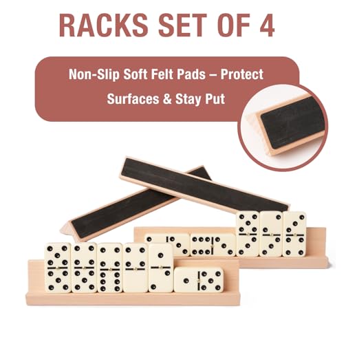 Jumbo Dominos Set with 4 Wooden Racks, Double 6 Dominoes Set with Portable Case 28 Domino Tiles with 4 Tile Holders in Travel Case for Classic Family Board Game