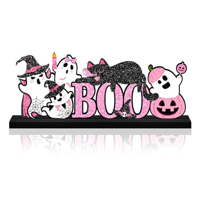 Halloween Decorations for Home Pink Ghosts Metal Sign, Cute Ghosts Black Cat Table Decor Rustic Farmhouse Halloween Tiered Tray Decor Metal Word Sign Tabletop Centerpiece for Home Mantel Shelf Desk - style: Pink Ghosts