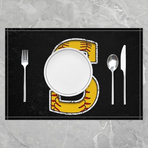 Erosebridal Baseball Placemats 12x18 inch Set of 4 Initial Letter S Place Mats | Red Lace Seam Monogrammed Table Place Mats Sports Game Yellow Black Oil Proof Washable Placemats - color: Yellow S