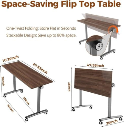 Folding Conference Table with Wheels, Mobile Flip-Top Training Table, Modular Space-Saving Meeting Table for Office, Classroom, Seminar, Library (10, Walnut, 55IN) - color: Walnut, size: 55IN