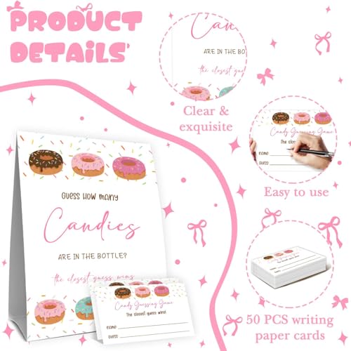 Donut Party Decorations,Pink Donut Guess How Many Baby Shower Game,Donuts Birthday Party Decorations,Guess How Many Candy Are In The Bottle, Party Game & Activities 50 Cards And Sign - size: Donut