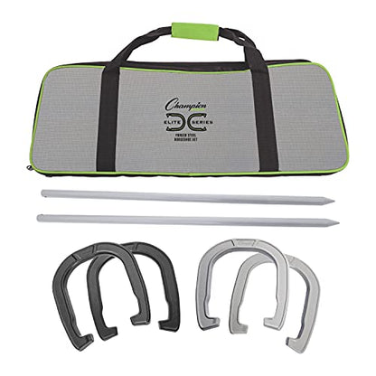Champion Sports Horseshoe Set: Traditional Outdoor Lawn Game includes Four Professional Solid Steel Horseshoes with Solid Steel Stakes & Carrying Storage Case - style: Elite Set