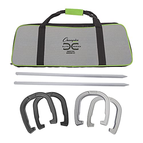 Champion Sports Horseshoe Set: Traditional Outdoor Lawn Game includes Four Professional Solid Steel Horseshoes with Solid Steel Stakes & Carrying Storage Case - style: Elite Set