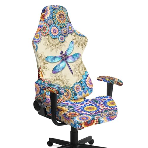 Dragonfly Print Gaming Chair Slip Cover Set Boho Mandala Flower Print Gaming Chair Covers Slipcovers 4Pcs with Armrest Cover Universal Fit for Desk/Swivel/Rotating Chairs Protector - color: Multi - Dragonfly Boho Mandala Flower