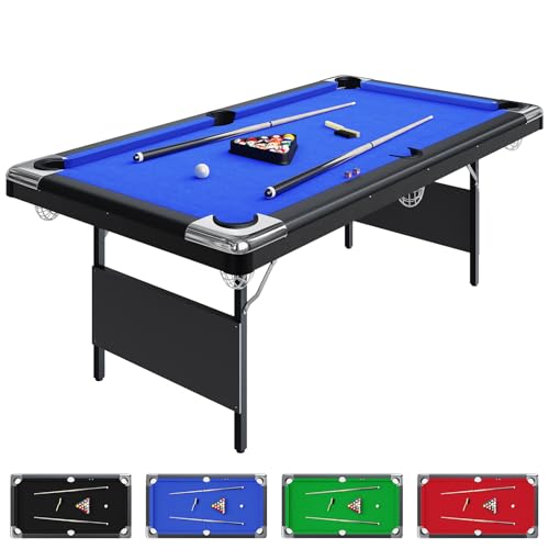 6ft Pool Table, 7 ft Pool Table, Portable Billiard Table Set with Steel Frame for Adults - Includes Balls, 2 Cues, Chalks, Brush, Folding Pooltable for Home Game Room, Basement, Office - size: 6FT