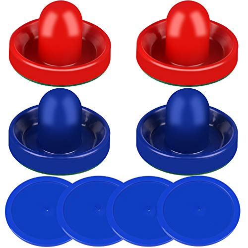 ONE250 Air Hockey Pushers and Red Air Hockey Pucks, Goal Handles Paddles Replacement Accessories for Game Tables (4 Striker, 4 Puck Pack) - color: Blue & Red