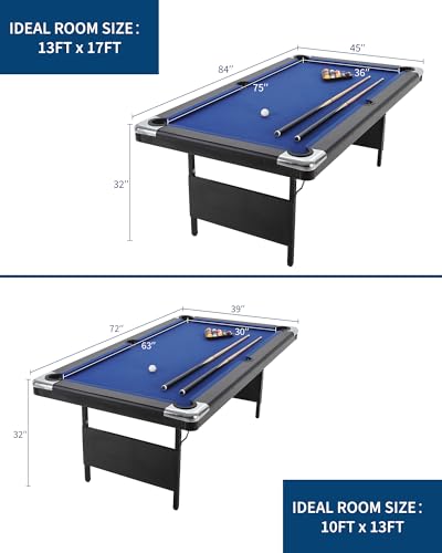 6/7 ft Pool Table, Folding Billiard Table, Portable Pool Tables with Billiard Balls, 2 Cue Sticks, Felt Brush & Chalk for Family Game Room & Home Recreation - color: Blue-6FT