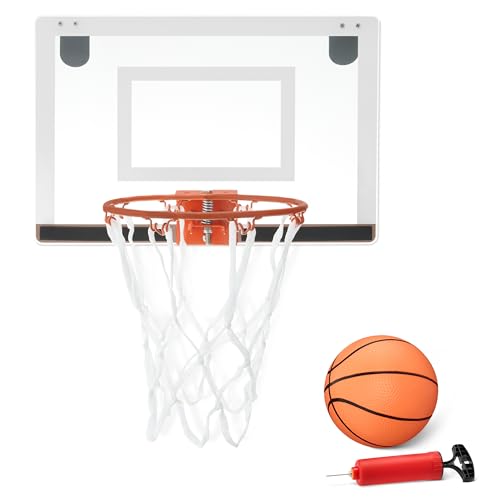 Amazon Basics Mini Indoor Basketball Hoop, Over The Door Backboard and Rim, Includes 5-inch PVC Basketball and Pump, 18" x 12"