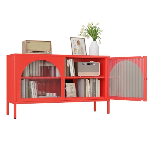 Translucent Door Storage Cabinet with Adjustable Shelves,Metal TV Stand,Multipurpose Metal Storage Accent Cabinet for Home, Office, Entryway,LivingRoom (red) - color: Red, style: 40.16‘’tv stand cabinet