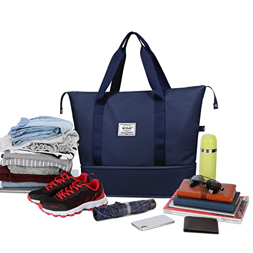 NPBAG Women Travel Duffel, Multi Functional Large Expandable Weekender Carry-on Tote, Gym Workout Overnight Bag, Mommy Hospital Bag for Labor and Delivery - color: Basic-Blue, style: Basic Version