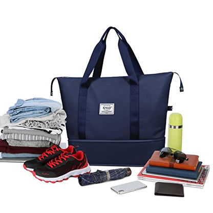 NPBAG Women Travel Duffel, Multi Functional Large Expandable Weekender Carry-on Tote, Gym Workout Overnight Bag, Mommy Hospital Bag for Labor and Delivery - color: Basic-Blue, style: Basic Version