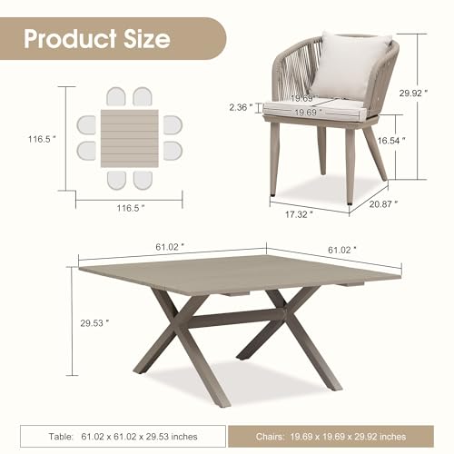 PURPLE LEAF 9 Pieces Outdoor Metal Furniture Set Patio Conversation Sets Dining Set, 1 Square Dining Table and 8 Modern Chairs with Cushions Seat Champagne - color: Champagne, size: 9 Pcs, style: Square