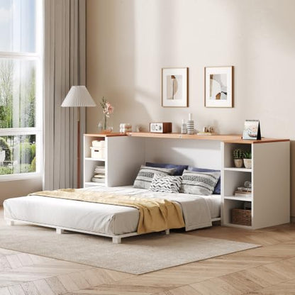 Queen Murphy Bed Cabinet, Farmhouse Murphy Bed with Wooden Foldable Platform, 6 Open Cubby Storage Shelves, Saving Space Wall Bed for Guest Room, Home Office & Apartment, White - size: Queen (U.S. Standard)