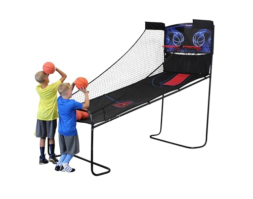 Atomic Jumpball Deluxe Double Electronic Basketball Shootout – 2-Player Arcade Basketball Game with Infrared Scoring, Timer, Steel Frame, 4 Mini Basketballs & Air Pump