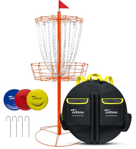 TARUMG Disc Golf Basket - Portable Disc Golf Target with Heavy Duty 24-Chains Come with Transit Bag and 3pcs Disc Golf Discs, Ground Stake -Suitable for Players of All Levels - Multi Color Available - style: Basic Orange