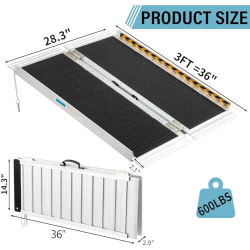 3 Feet Aluminum Folding Wheelchair Ramp, 28in Wide | Non-Skid Handicap Threshold Wheel Chair Ramp for Home Steps, Stairs, Entry, Threshold, Doorways, 600LBS Capacity,28in Wide - size: 3FT-bi-fold-black