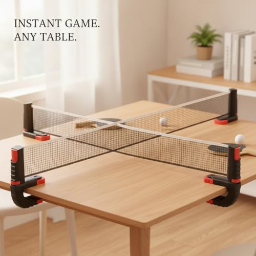Retractable Table Tennis Net and Post Set, Clamp-On Ping Pong Net for Flat Surfaces, Portable ABS Plastic Game Accessory - color: Black