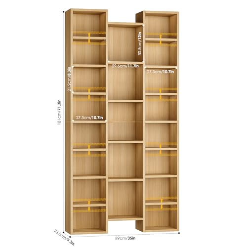 FOTOSOK 71'' Tall Bookshelf with 21 Cubes, 8 Tier Triple Wide Bookshelf with 8 Adjustable Shelves, 35" Wood Bookcase DVD/CD Media Tower Storage, Freestanding Display Shelf Cabinet, Natural - color: Natural