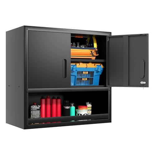 Garage Wall Cabinet with Doors and Shelves, Wall Mounted Metal Storage Cabinet with Open Storage, Lockable Hanging Tool Cabinet for Garage Utility Room, Black - color: Black, style: 2 Door & Open Storage - Floating