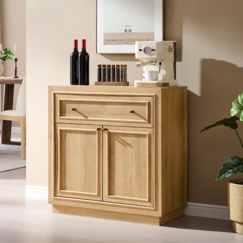ACCOHOHO Modern Farmhouse Buffet Cabinet, 31.5" Sideboard Credenza, Modular Storage Cabinet with Framed Panel Fronts, Adjustable Shelves & Dual Base Design, Natural Oak - color: Natural Oak, size: 1 Piece