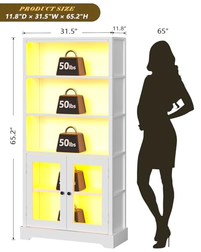 TVU 5-Tier Bookshelf, 65" Bookshelf with Multi-Color Ambient Lights (APP Remote Control), Tall Vertical Display Shelf with Cabinet Doors, Suitable for Living Room, Bedroom, Study, Office, White - color: White