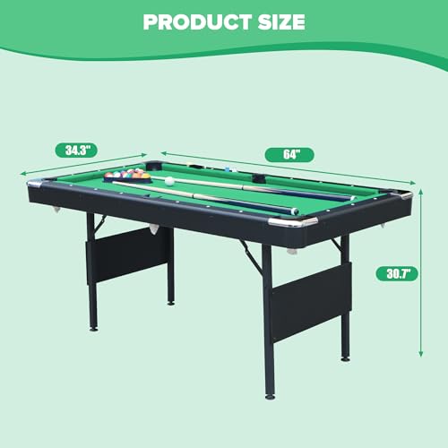 Ditkoko Billiard Table, 64" Folding Pool Table with with Balls, Cues, Chalk, Brush and Triangle, Pool Table Set for Family Game Room, Adult Rrec Room, Basements, Man cave or Garage